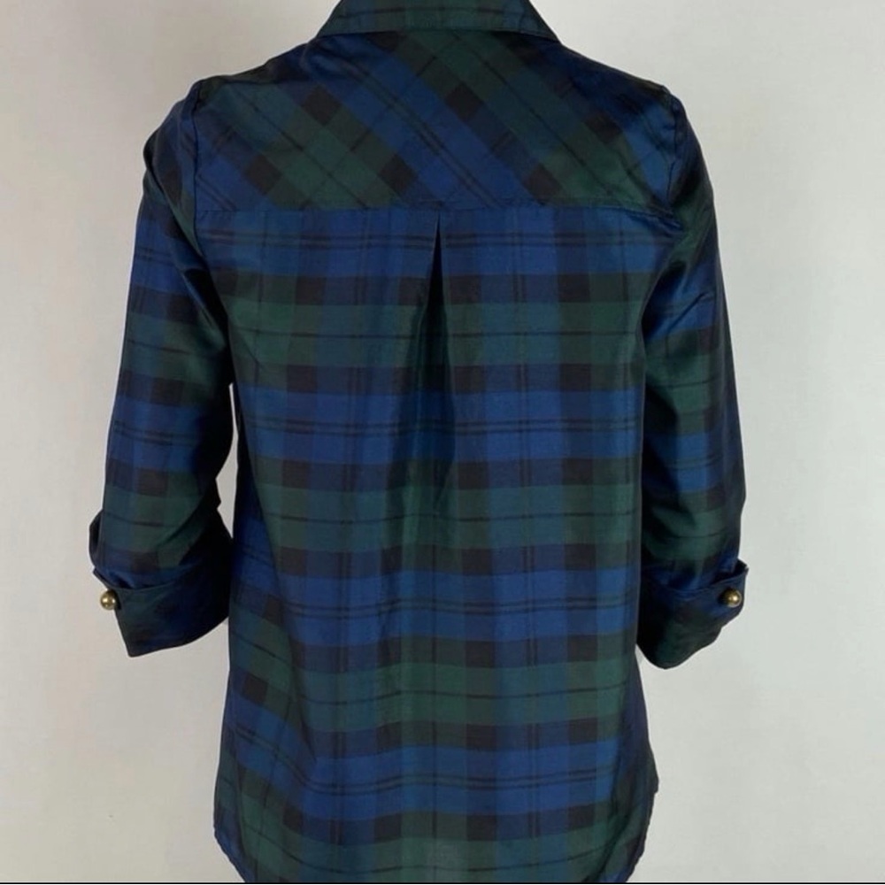 Tuckernuck Green and Blue Blackwatch Plaid French Cuff Celine Blouse Top XL - Picture 2 of 8
